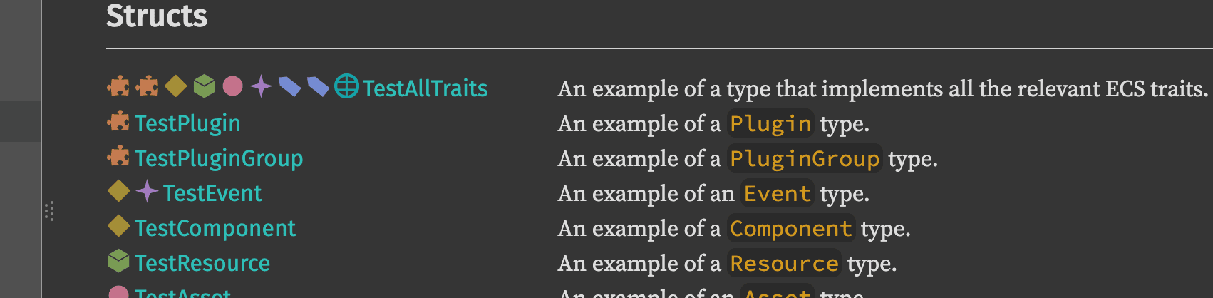 Notable traits emojis displayed at the left of multiple struct in a list in rustdoc.